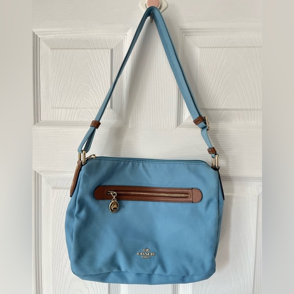 Coach Handbags - Coach Sawyer Crossbody Bag Canvas Leather Blue Brown